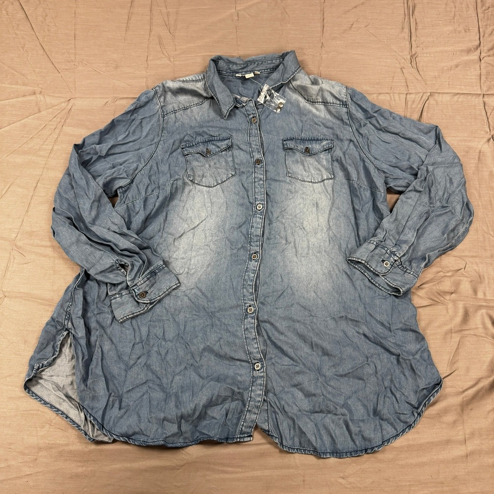 C. Est. 1946 Women Blue Tencel Chambray Button Down Shirt Plus Size 18/20W